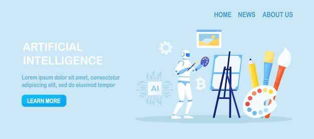 Robot painting creating artwork Artificial intelligence generating stunning works of art Robotic technologies in hobbies AI artist standing and drawing picture with brush