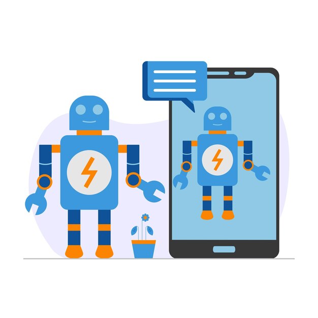 Robot talking on a phone with a message on the screen
