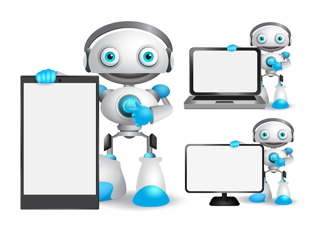robot vector characters set holding mobile phone laptop and other gadget with empty blank white