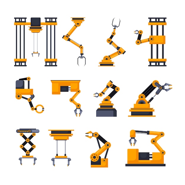 Robotic equipment for factory vector illustrations set. Robots arms or hands for manufacturing industry, technological revolution on white background. Technology, machinery, engineering concept