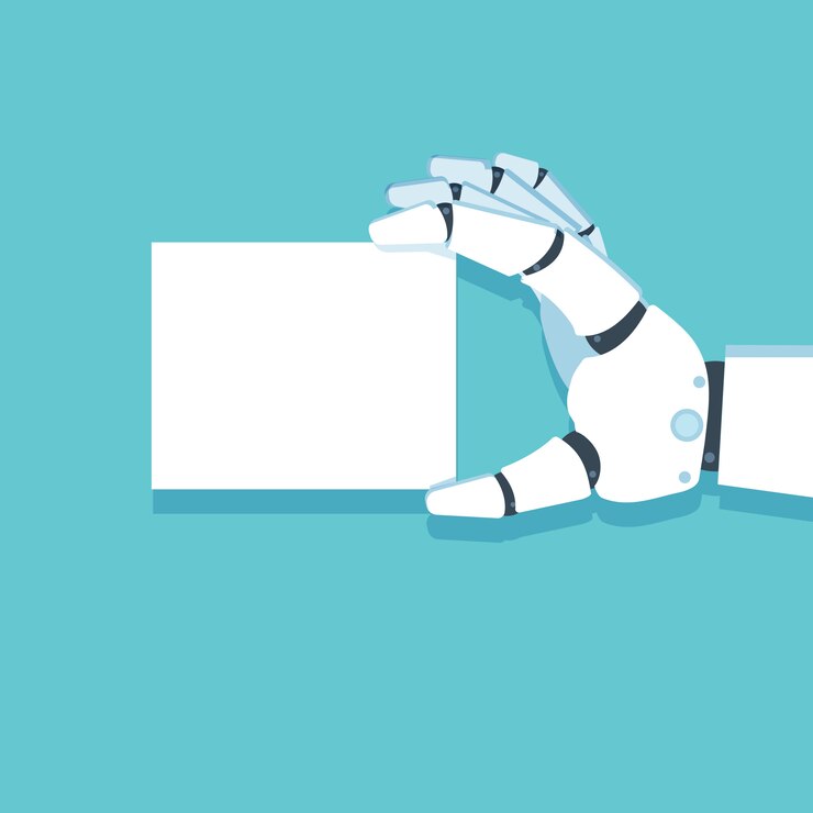 Robotická paže, ruka drží kartu. Vektorová ilustrace.