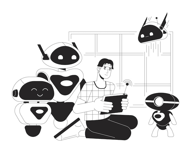 Robotics bw concept vector spot illustration Excited asian man creates and manages robots 2D cartoon flat line monochromatic character for web UI design Editable isolated outline hero image