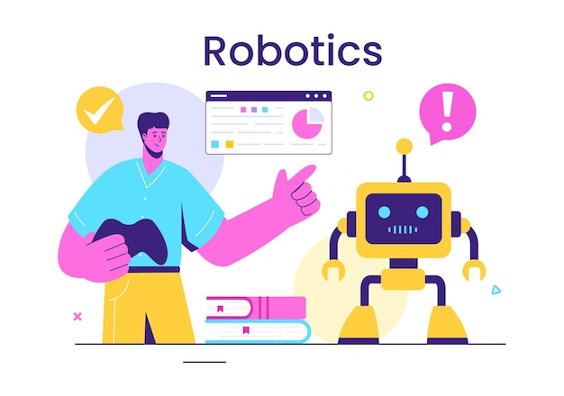 Robotics Vector Illustration of Artificial Intelligence Robots Communicating with Technology and Engineering Featuring a Light Bulb and Gears