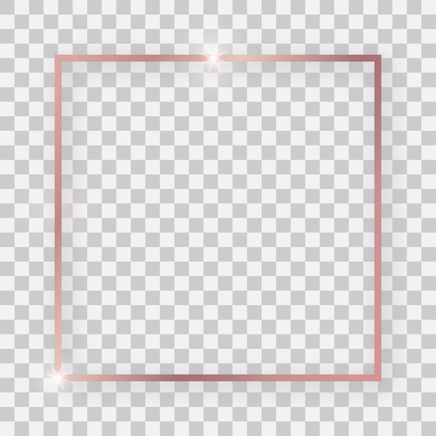 rose gold shiny square frame with glowing effects and shadows on transparent background. vector illustration