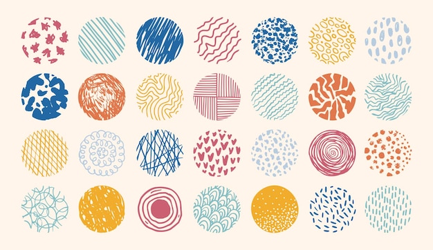 Round abstract colored set hand drawn doodle shapes backgrounds in the form of a circle of spots