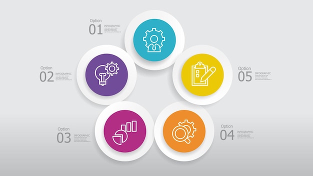 round circle steps timeline infographic element report background with business line icon 5 steps