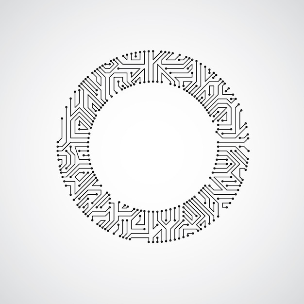 Round circuit board with electronic components of technology device. Computer motherboard cybernetic vector abstraction.
