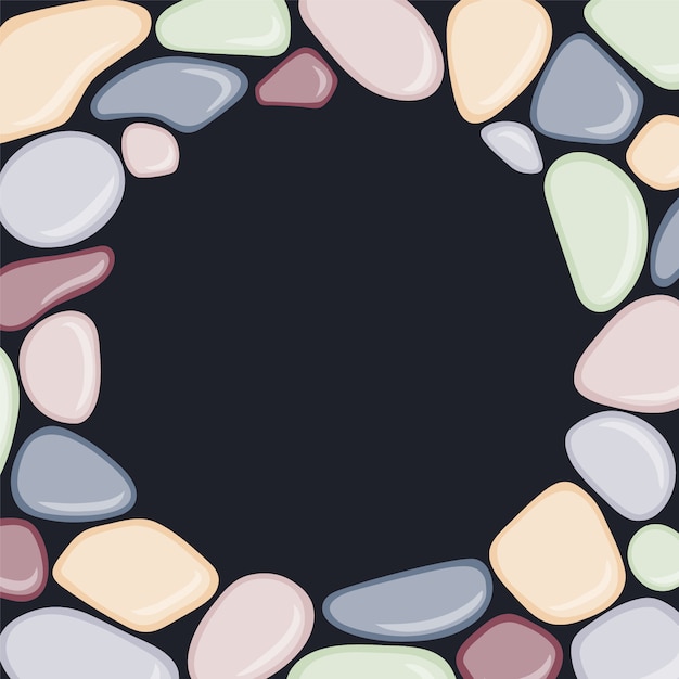 Round frame with sea pebbles on black background. 