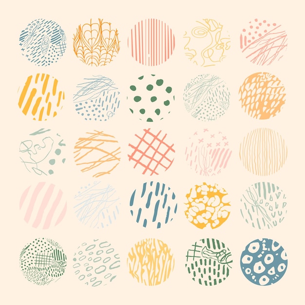 Round isolated abstract colorful patterns or backgrounds Various doodle shapes for highlight