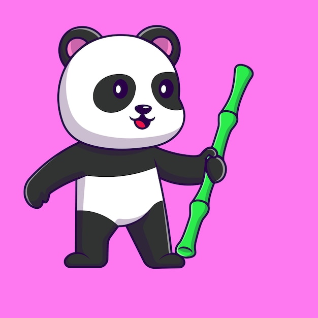 Roztomilá panda drží bambusovou kreslenou vektorovou ilustraci ikon