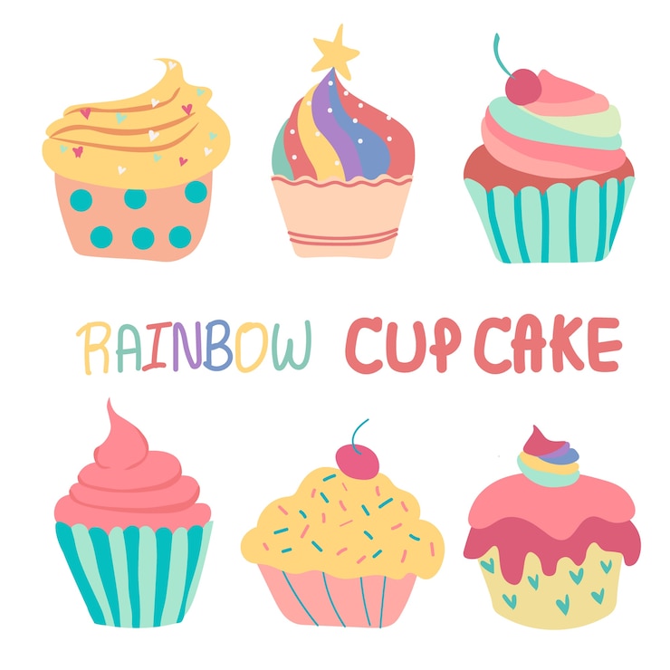 Vektor roztomilý cup cake s duhovou kresbou
