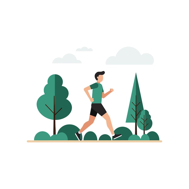 Runner in nature surrounded by trees and bushes in flat vector art
