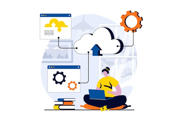SaaS concept with people scene in flat cartoon design Woman working with hosting uploading and downloading files cloud technology Software as a service Vector illustration visual story for web