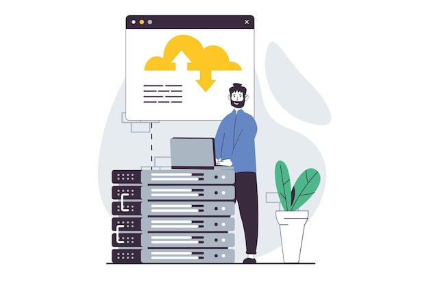 SaaS concept with people scene in flat design for web Man working with cloud storage and using database hardware for sync files Vector illustration for social media banner marketing material
