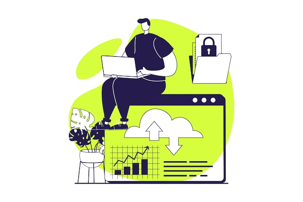 SaaS web concept with flat people for website design Man using software as a service interacting with datacenter server cloud computing backup and sync with online protection Vector illustration