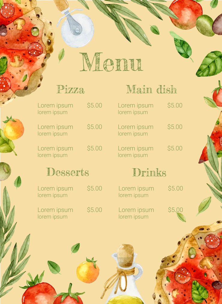 Vektor šablona akvarelového menu pizzy s rajčaty, olivami, bazalkou na béžovém pozadí