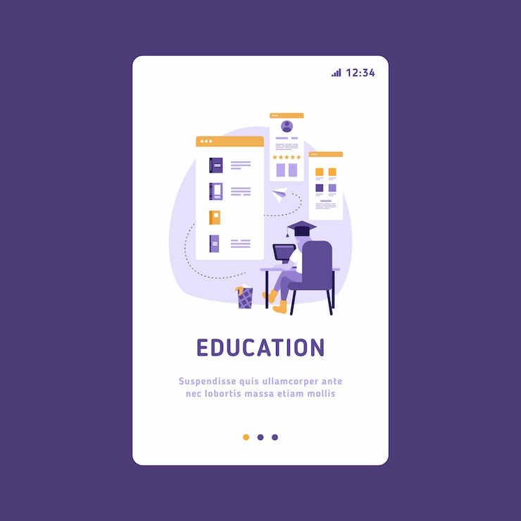 Šablona mobilního UI UX GUI, wireframe rozhraní aplikace. Ilustrace konceptu e-learningu s ženou používající notebook a tablet PC pro dálkové studium a vzdělávání.