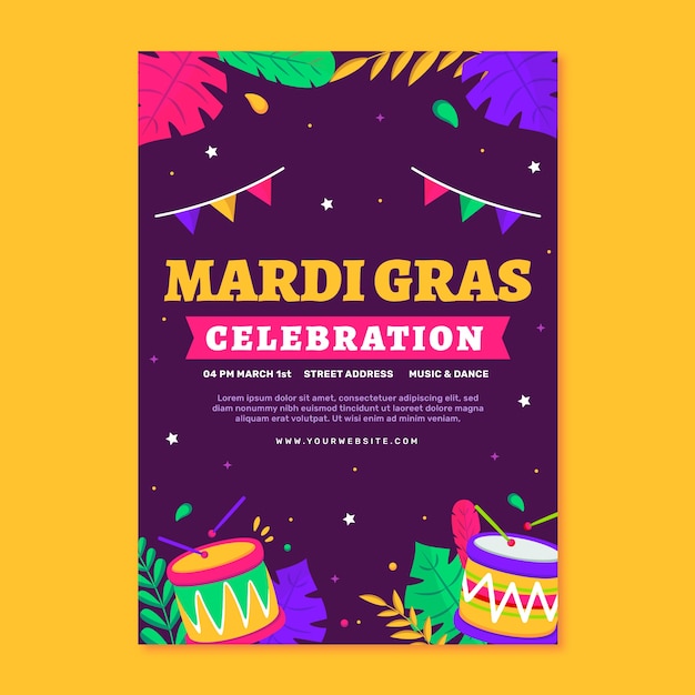 Šablona svislého letáku Mardi Gras ve stylu flat
