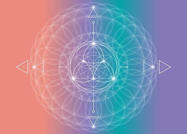 Sacred Geometry, Flower of Life, lotus flower mandala. Neon vintage logo Symbol of Harmony