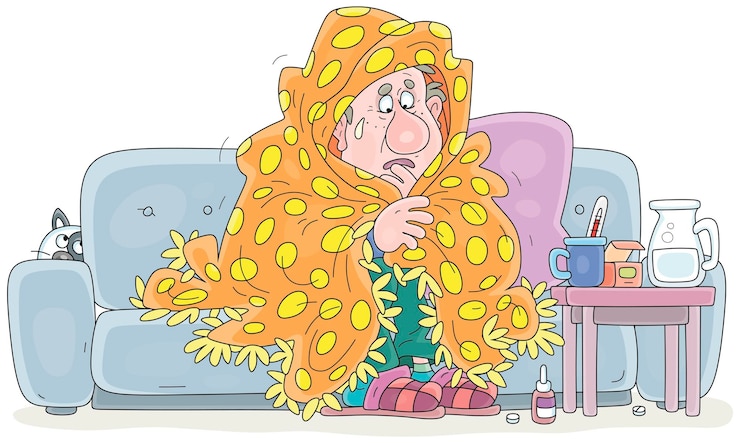 Vektor sad ill man with flu sitting on his sofa with a pillow and warming up under a blanket