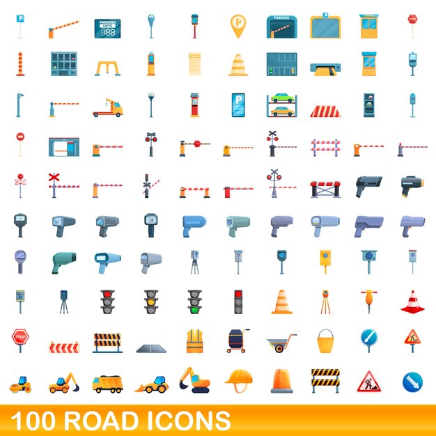 Sada 100 ikon silnic. Kreslená ilustrace sady 100 vektorových ikon silnic izolovaných na bílém pozadí