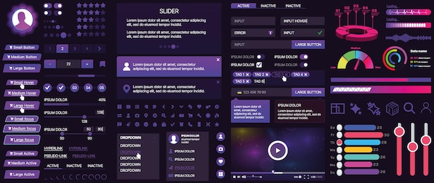 Sada komponent uživatelského rozhraní pro mobilní aplikace a webové stránky. Obsahuje tlačítka, panely, nabídky, posuvníky a grafy.