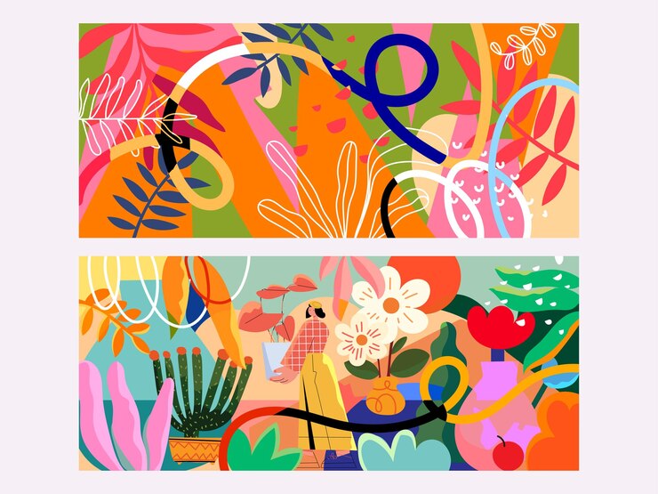 Sada krásných abstraktních květin a rostlin geometrické doodle line art barevné vektorové pozadí