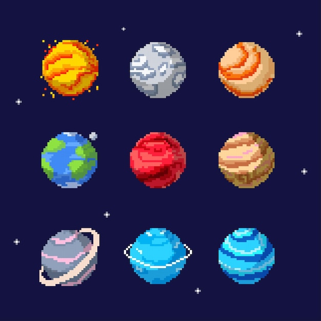 Sada pixelových planet, pixel art sluneční soustava.