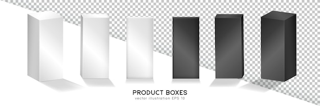 Sada realistických matných černobílých produktových krabic. 3D mockup šesti prázdných balení pro branding