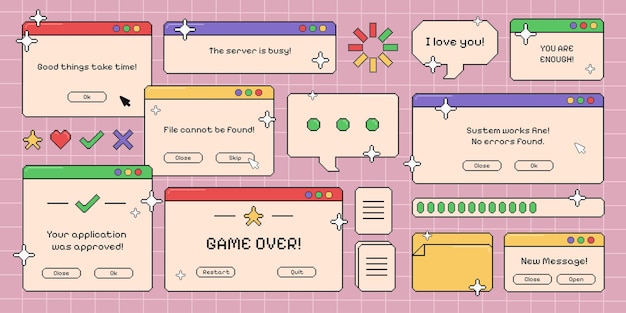 Sada retro pixelových počítačových obrazovek s uživatelským rozhraním vintage otevřených PC oken s krátkými frázemi