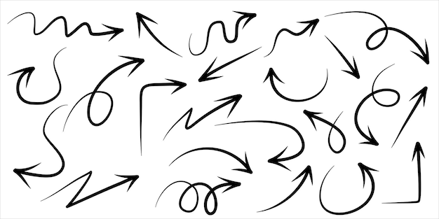 Sada ručně kreslených šipek izolovaných na bílém pozadí. pro obchodní infografiku, banner, web a koncepční design. Vektorové doodle designové prvky.