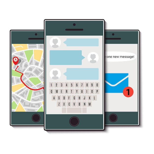 Sada tří mobilních telefonů. Mobilní telefon s chatem, mapou města a příchozí zprávou. Vektorová ilustrace