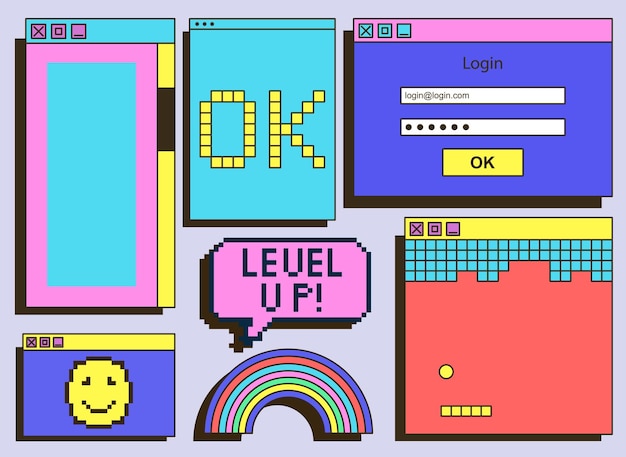 Sada vintage retrowave ui a ux grafických barevných počítačových oken v dialogovém okně na šedém pozadí