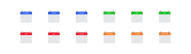 salendar icon date of month symbol january february march april may june july august september october november and december month blue green red and orange illustrations