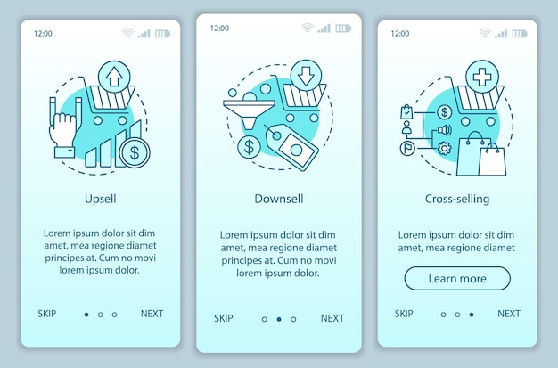 Sales techniques onboarding mobile app page screen vector template. Upsell, downsell, cross-selling. Marketing strategies walkthrough website steps. UX, UI, GUI smartphone interface concept