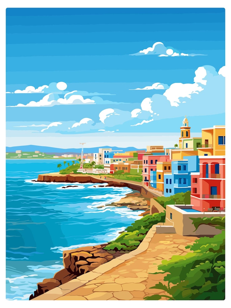 Vektor san juan caribbean vintage travel poster souvenir postcard portrait painting wpa illustration