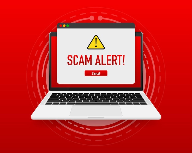 Scam alert red message on browser window. Scam sign label isolated on screen computer. Vector illustration.