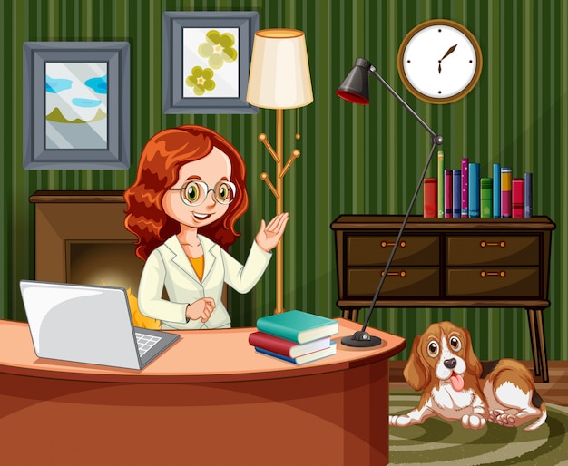 scene with woman working on computer at home