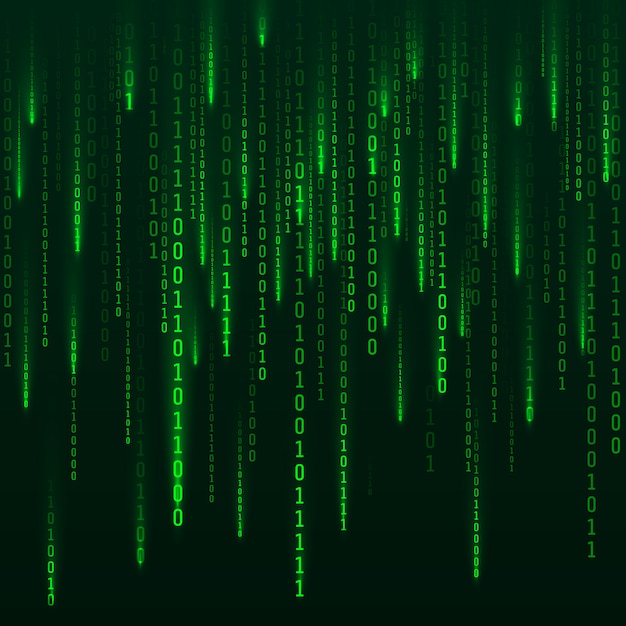 Sci-fi Background. Binary computer code. Green digital numbers. Matrix of binary numbers. Futuristic hacker abstraction backdrop. Random numbers falling on the dark background.  