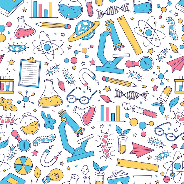 science seamless pattern with doodles cartoon elements supplies for wallpaper wrapping paper