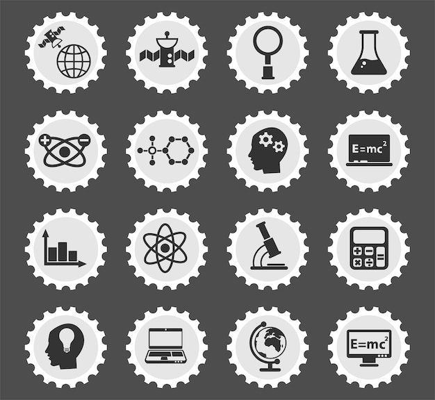 Science symbols on a round postage stamp stylized icons