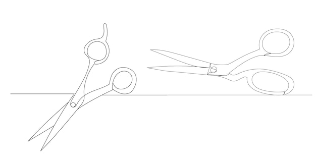 scissors one line drawing on white background, vector, isolated