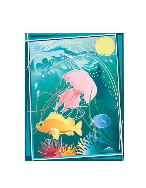 Sea fish and jellyfish isolated on white background Vector illustration in flat style