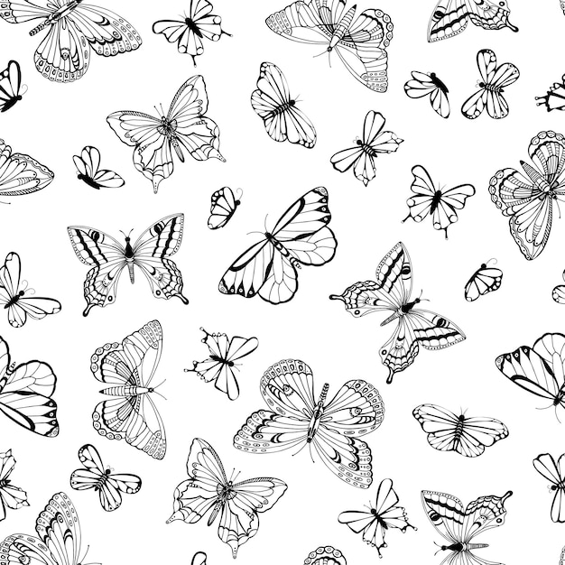 Seamless beautiful black and white pattern with butterfly Hand drawn contour lines and strokes