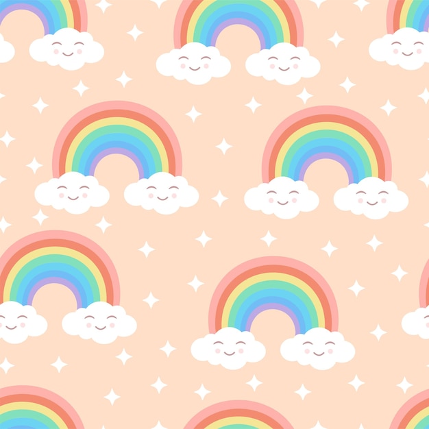 Seamless cartoon texture with rainbow cute clouds and stars on a beige background
