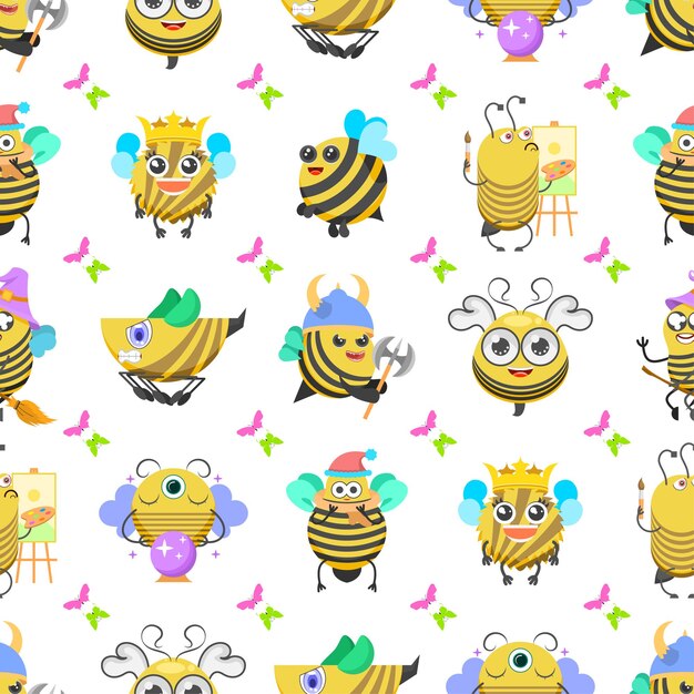 Seamless Pattern Abstract Elements Different Bee Insect Beetle With Flower Vector Design Style