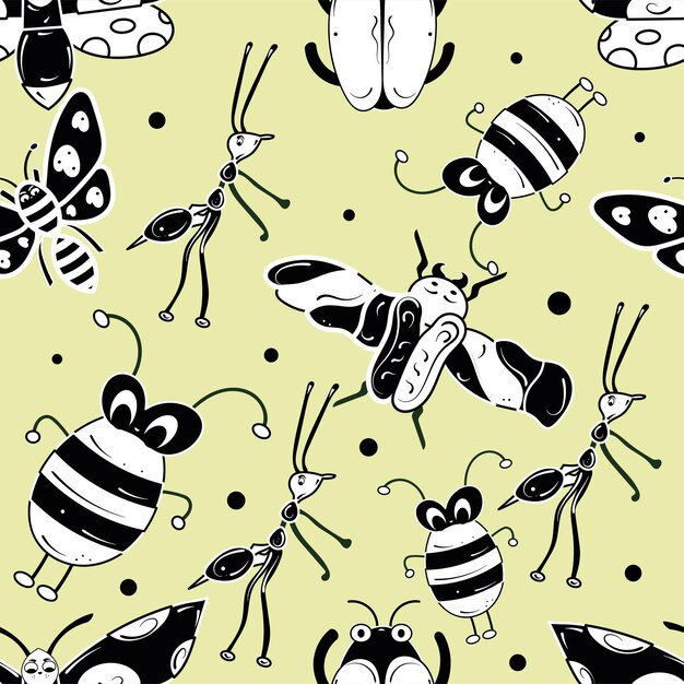 Seamless pattern background with insect sketch characters Vector illustration