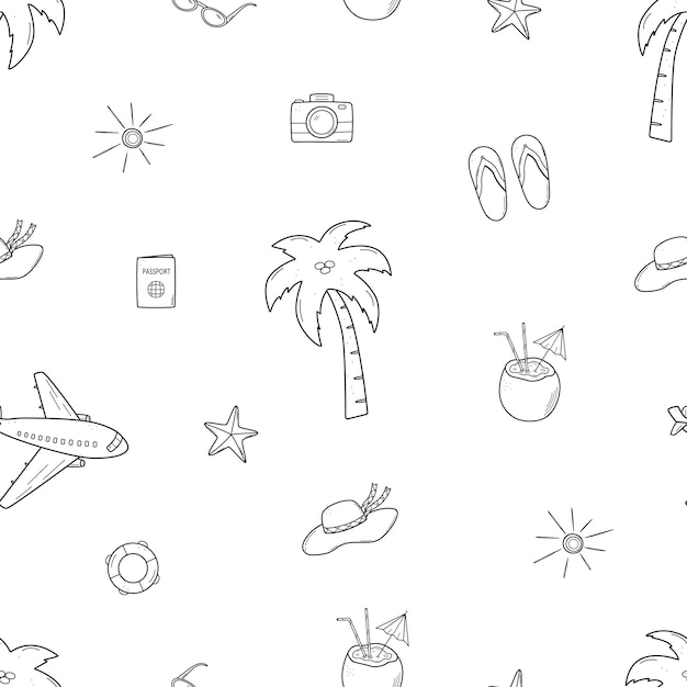 Seamless pattern beach holiday concept Vector illustration of palm tree airplane cocktail hat