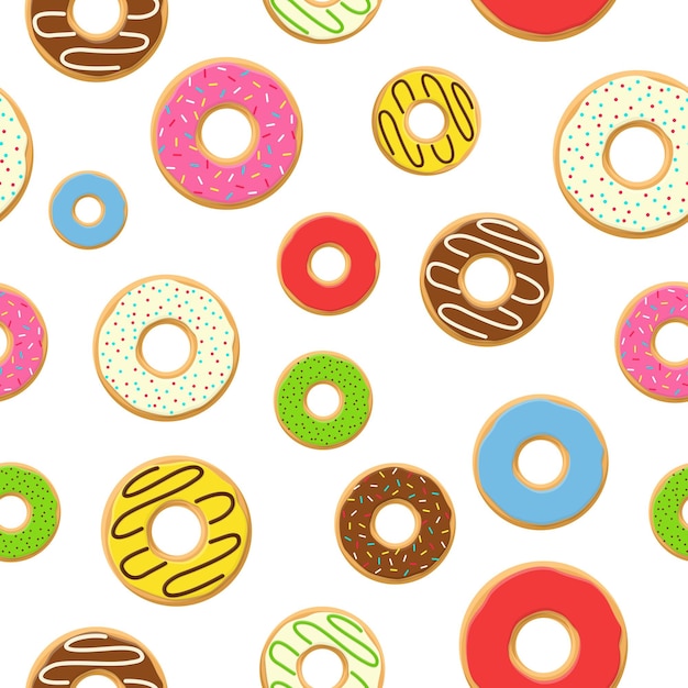 seamless pattern colorful donuts with glaze sprinkles on white background