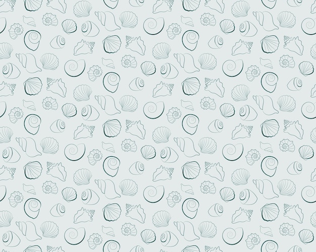 Seamless pattern different types of seashells vector line art